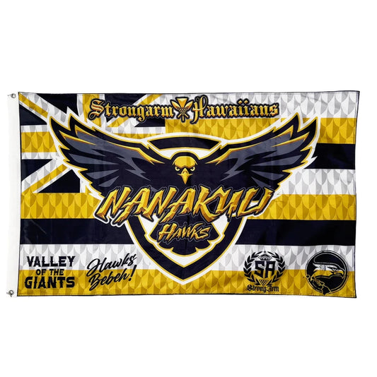 A flag featuring a graphic with a bird and the text 'Nanakuli', predominantly in yellow and black colors with additional details and text on the upper part of the flag.
